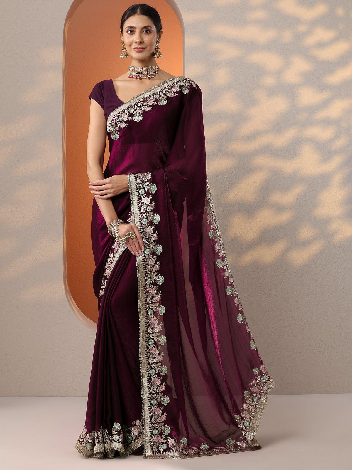 Libas Burgundy Embroidered Organza Saree With Unstitched Blouse Piece S45