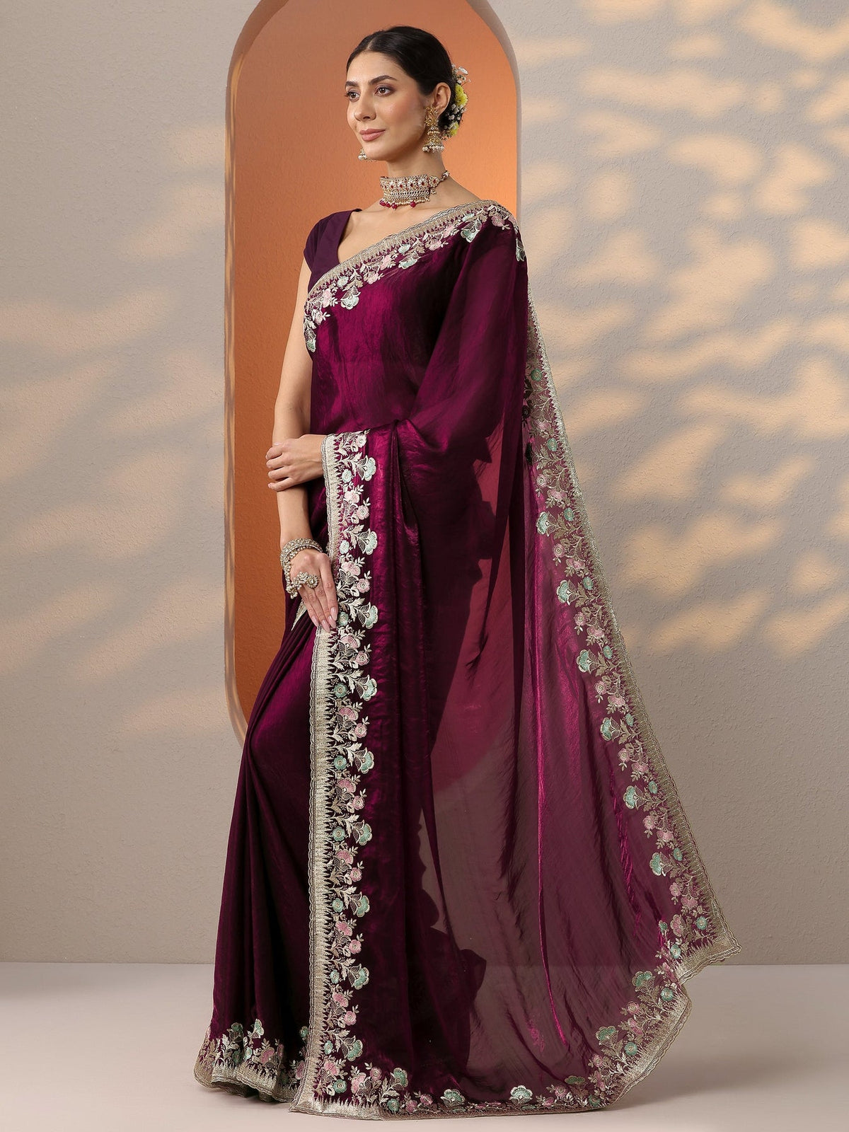 Libas Burgundy Embroidered Organza Saree With Unstitched Blouse Piece S45