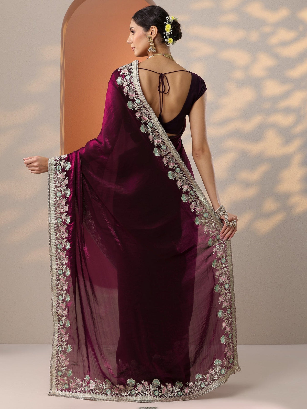 Libas Burgundy Embroidered Organza Saree With Unstitched Blouse Piece S45