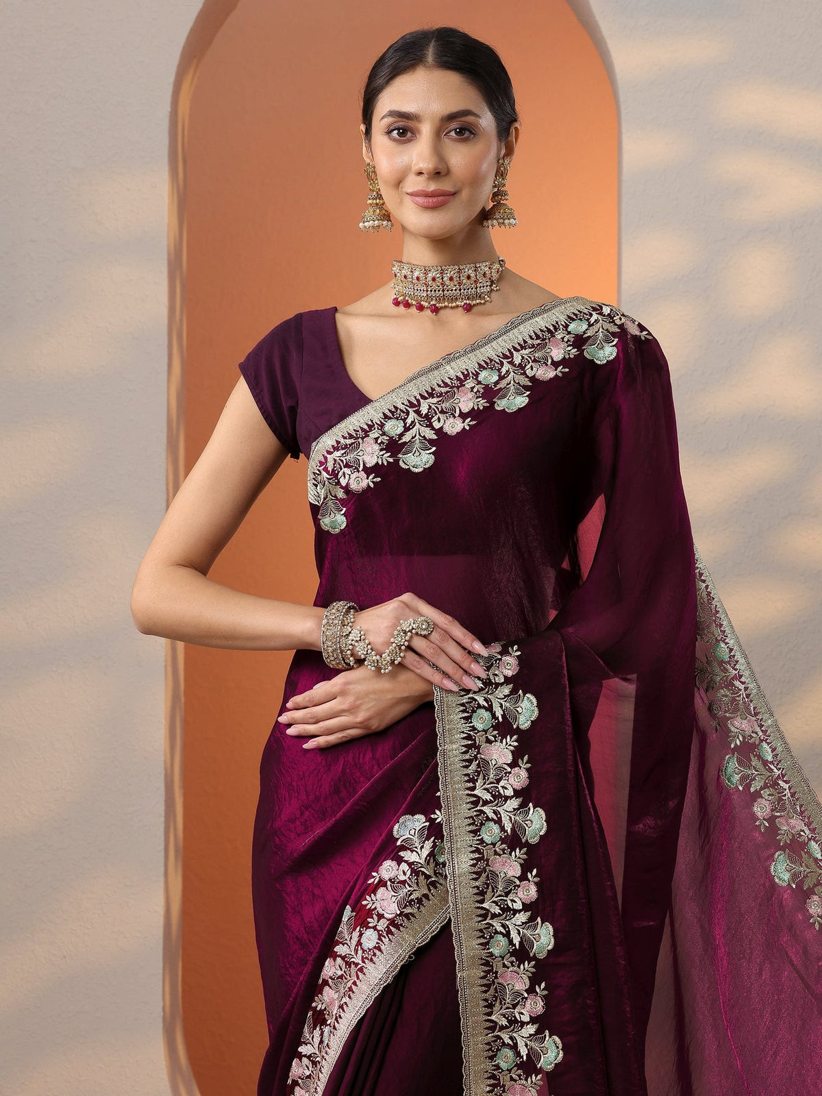 Libas Burgundy Embroidered Organza Saree With Unstitched Blouse Piece S45