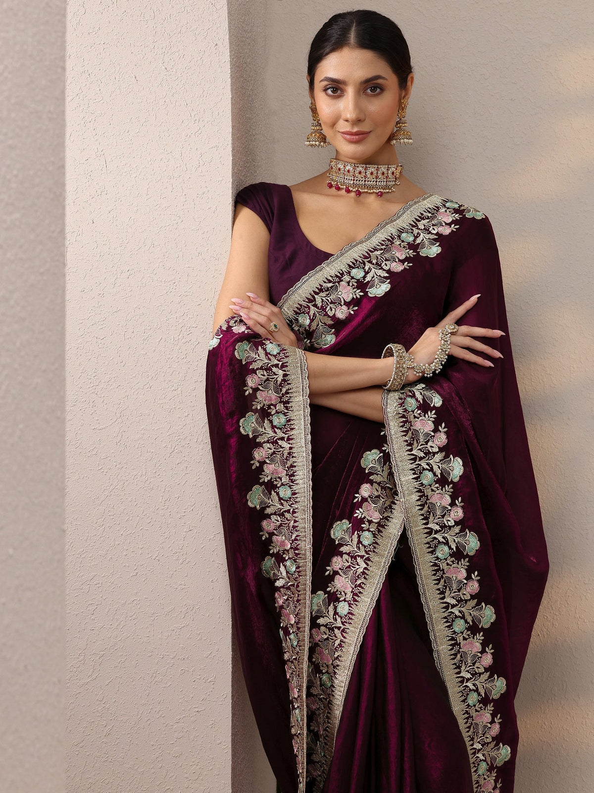 Libas Burgundy Embroidered Organza Saree With Unstitched Blouse Piece S45