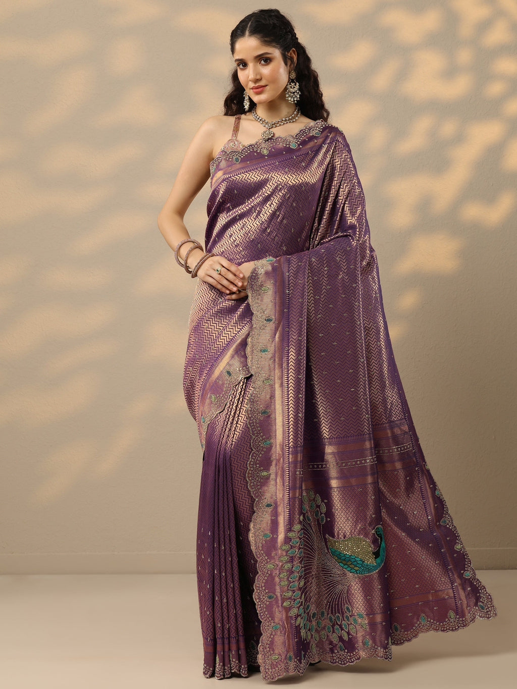Libas Purple Woven Design Banarasi Silk Blend Saree With Unstitched Blouse Piece