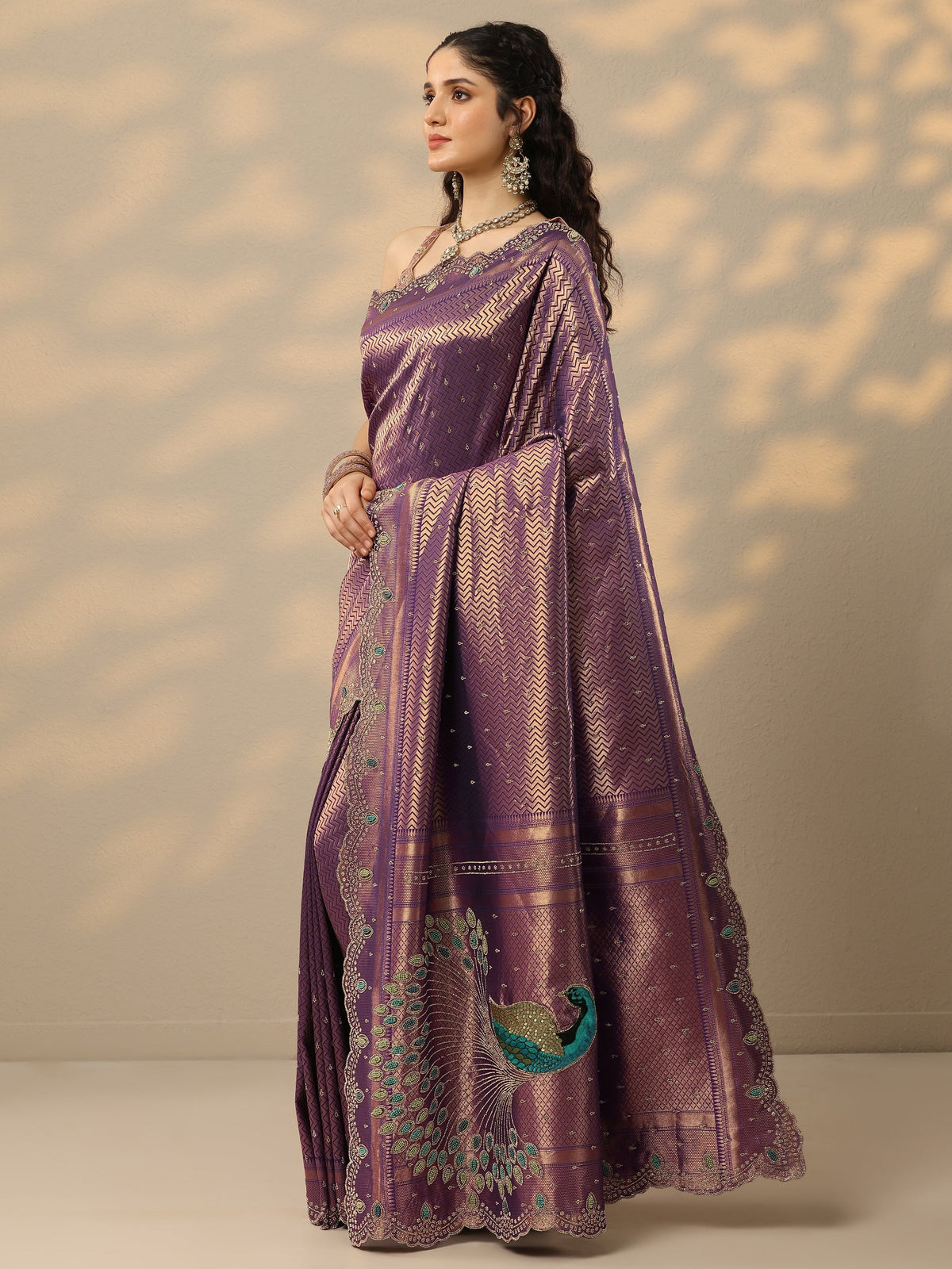 Libas Purple Woven Design Banarasi Silk Blend Saree With Unstitched Blouse Piece