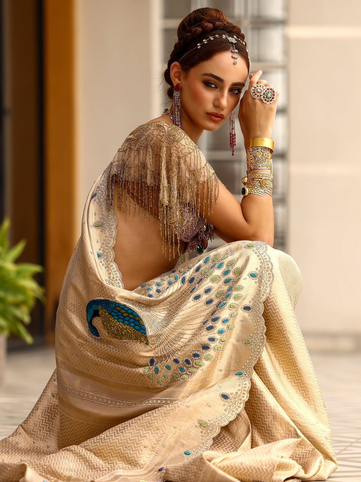 Libas Gold Woven Design Silk blend Saree With Unstitched Blouse Piece S45