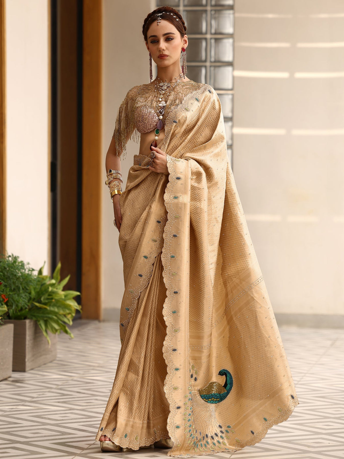 Libas Gold Woven Design Silk blend Saree With Unstitched Blouse Piece S45