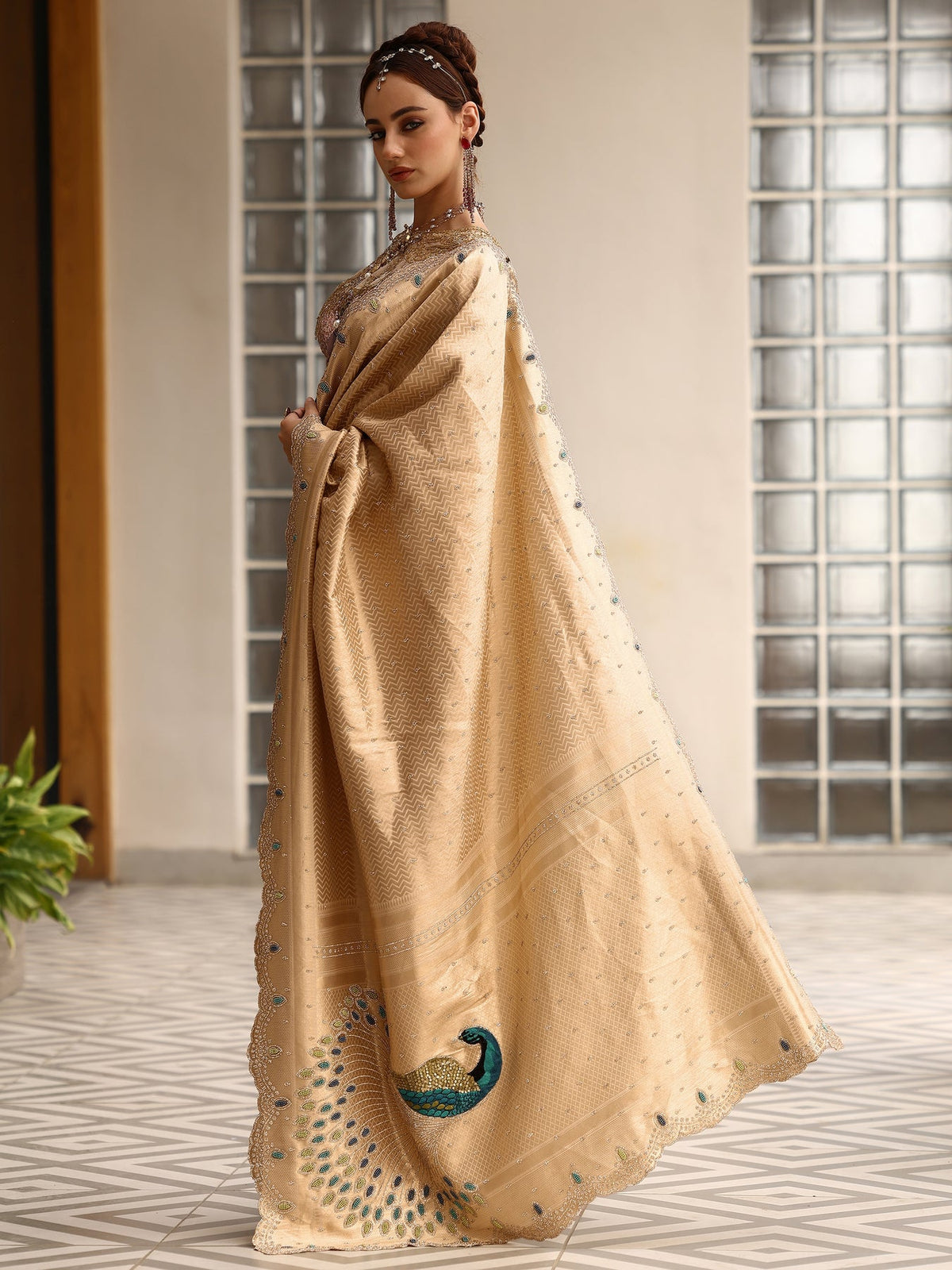 Libas Gold Woven Design Silk blend Saree With Unstitched Blouse Piece S45