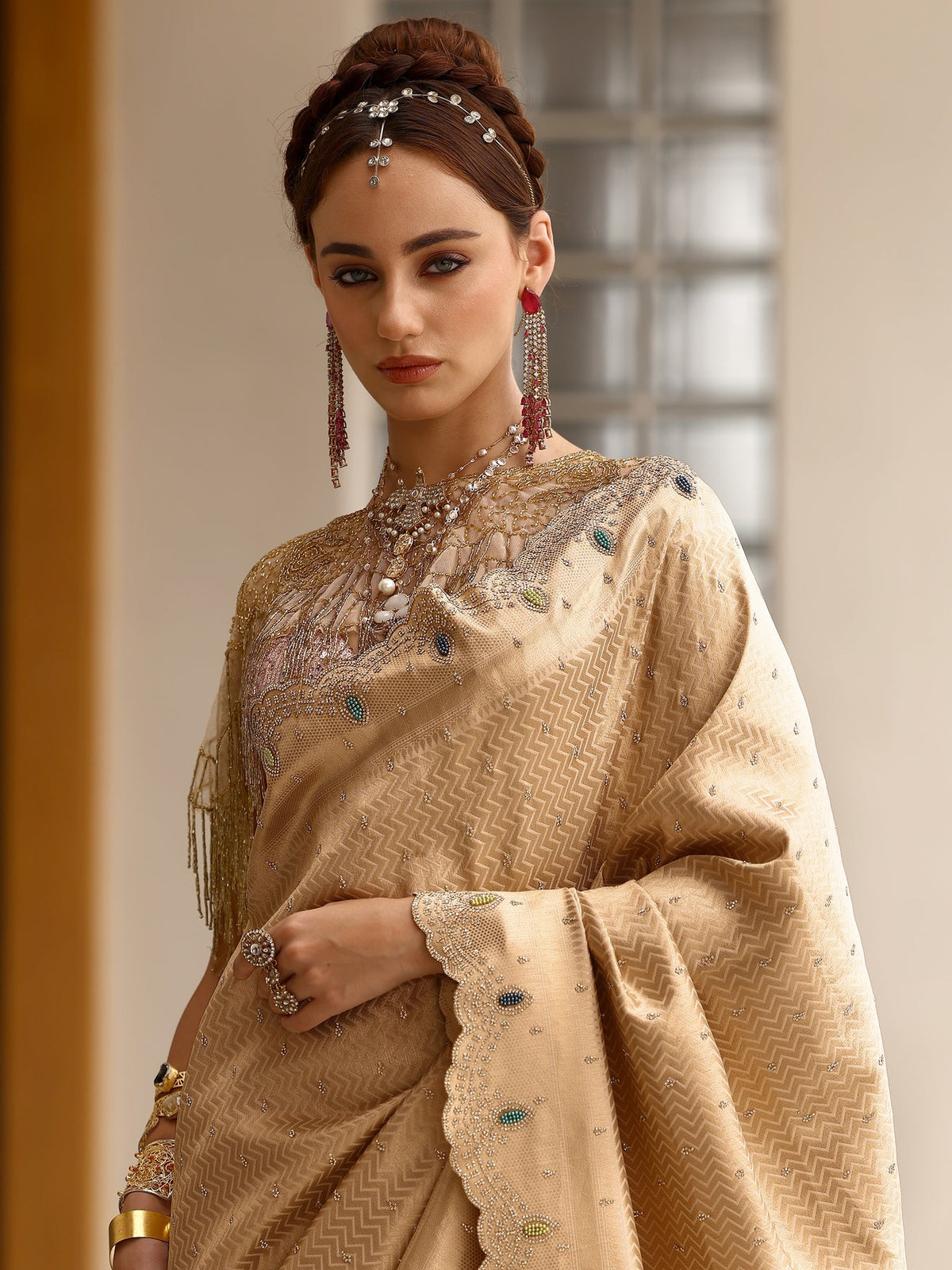 Libas Gold Woven Design Silk blend Saree With Unstitched Blouse Piece S45