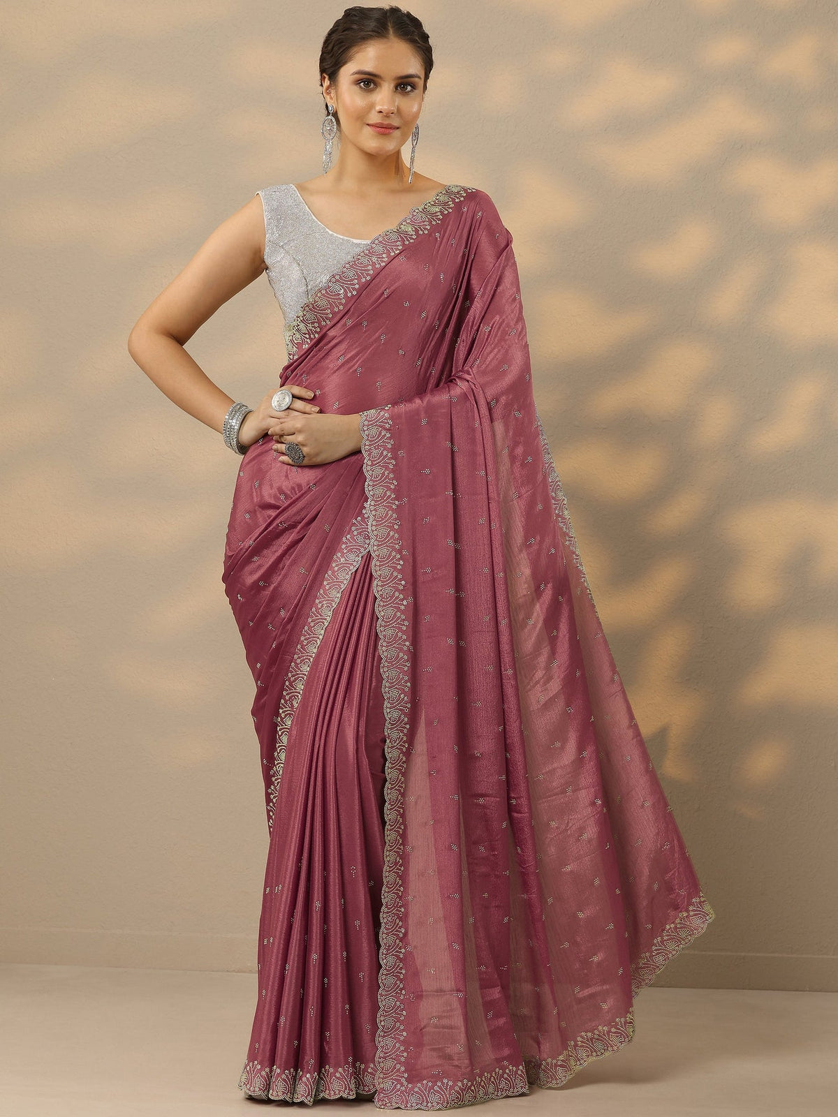 Libas Mauve Embellished Silk Blend Saree With Unstitched Blouse Piece S45