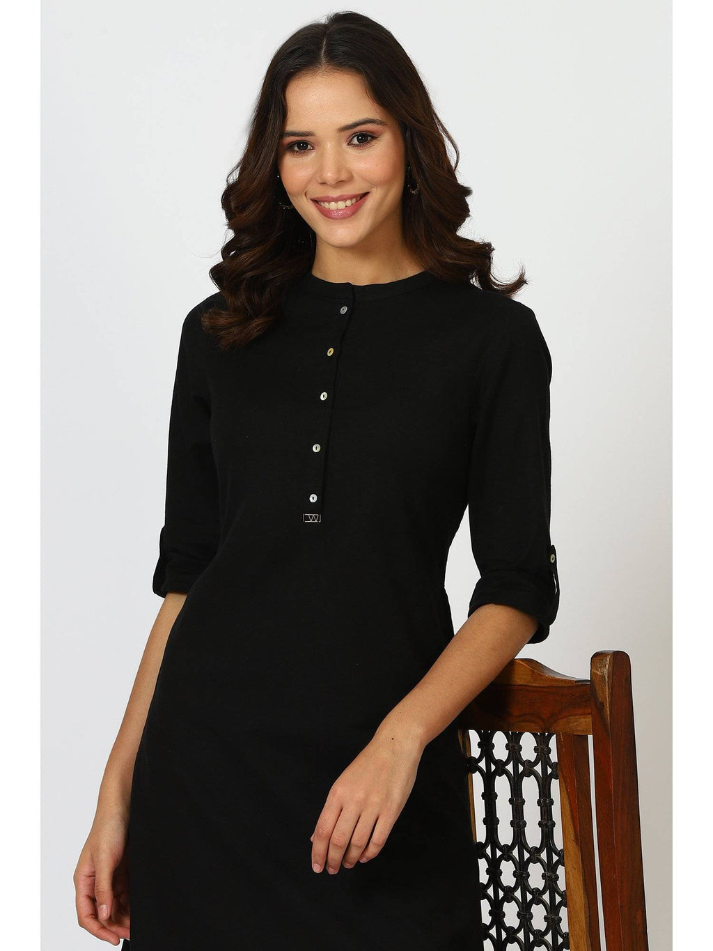 Black Mandarin Collar Cotton Blend Straight Kurta | FY93 - view 2