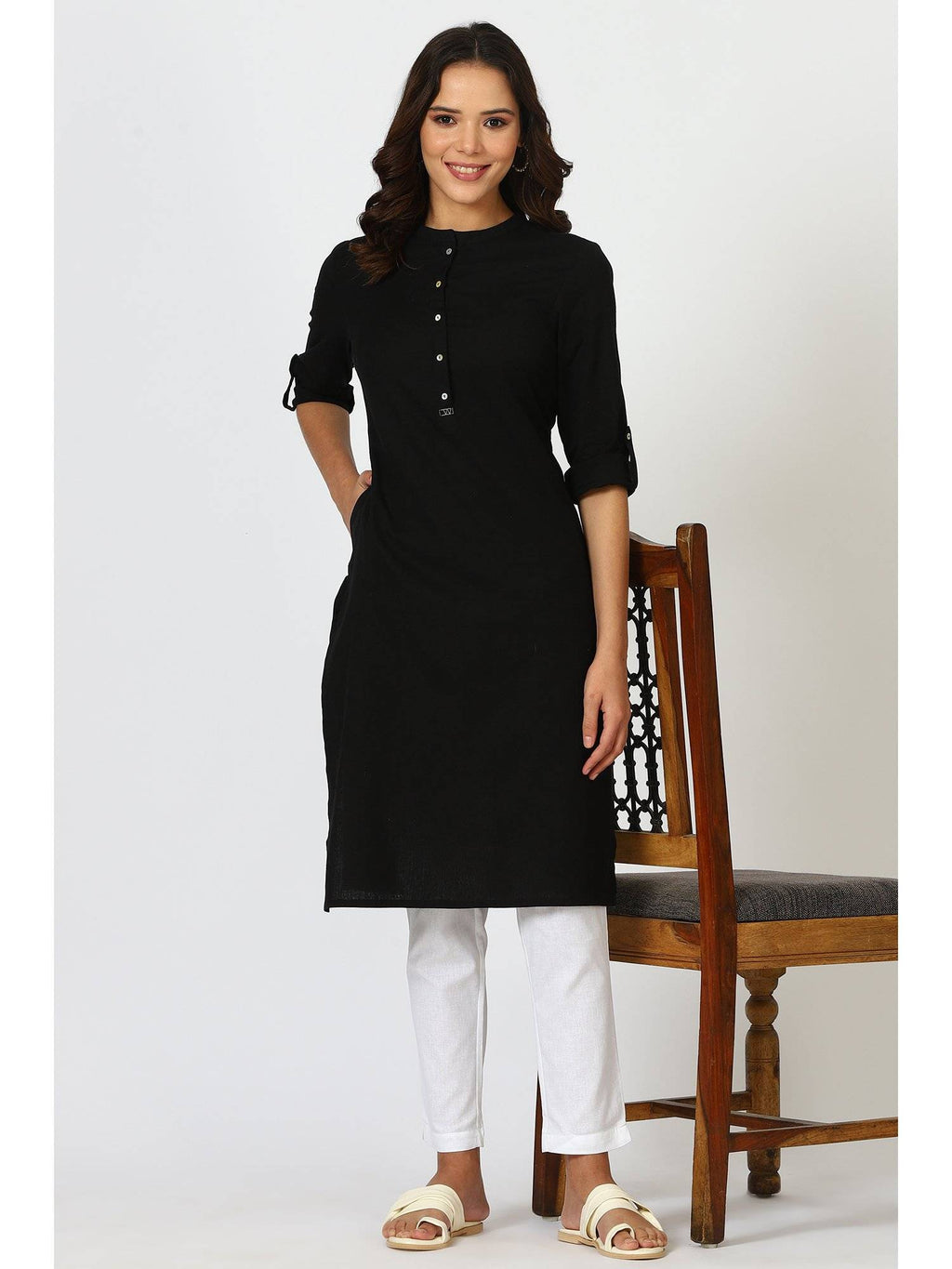 Mandarin Collar Cotton Blend Straight Kurta White | KDG - view 37