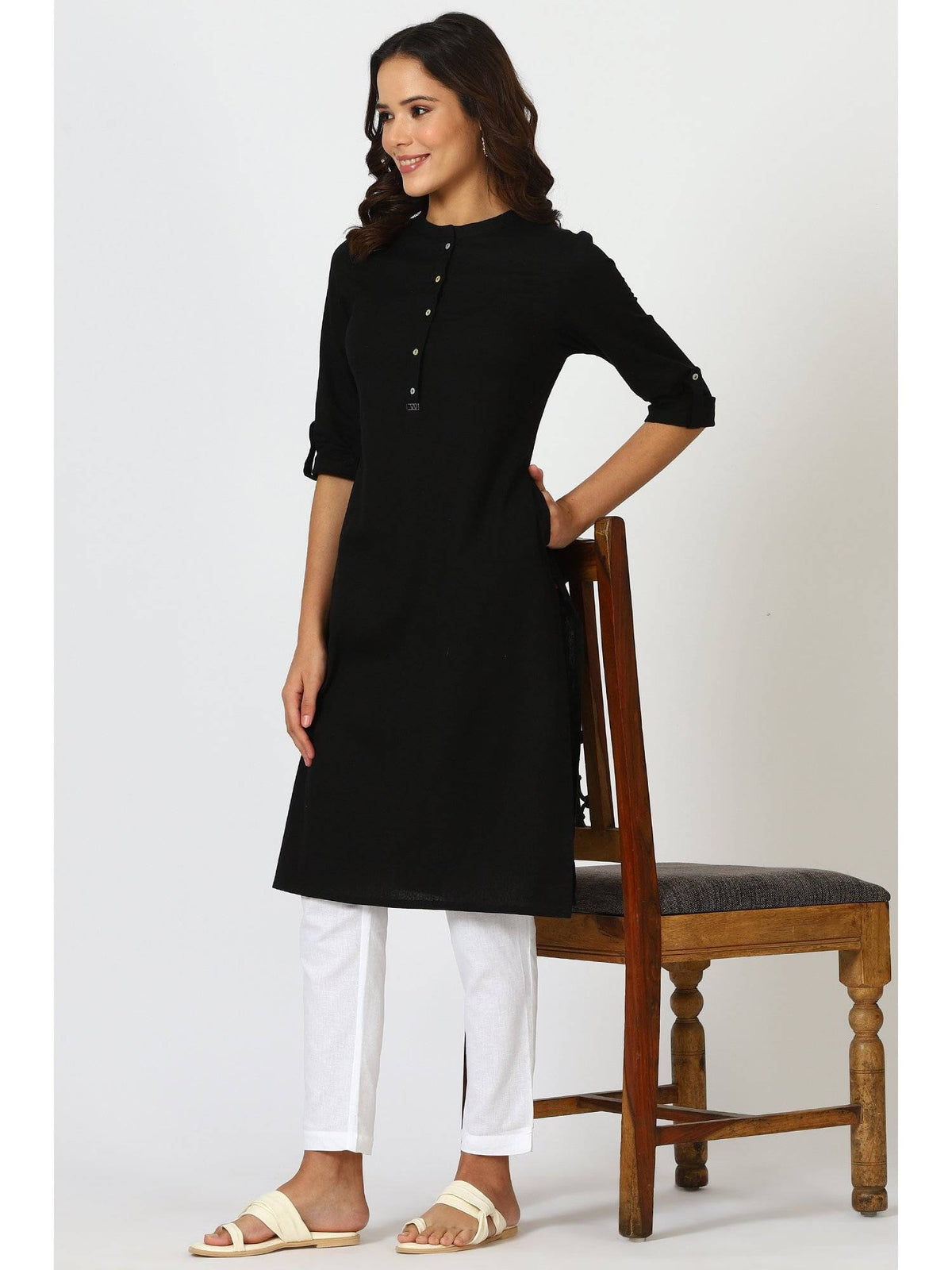 Mandarin Collar Cotton Blend Straight Kurta White | KDG - view 39