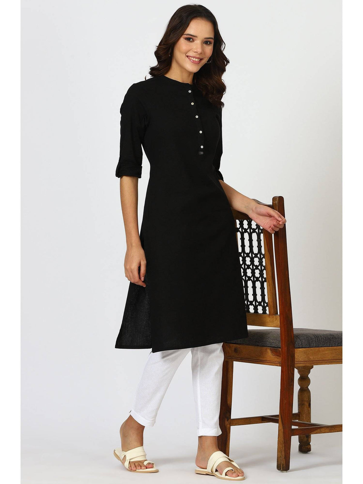 Black Mandarin Collar Cotton Blend Straight Kurta | KDG - view 7
