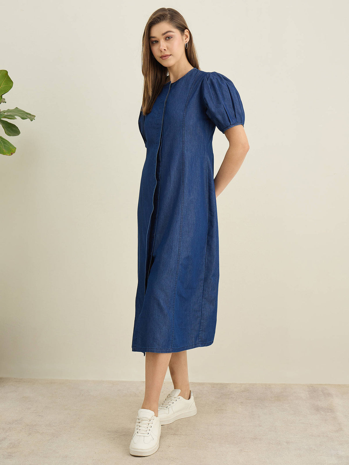 Women Blue Denim Solid A-Line Dress | D56 - view 2