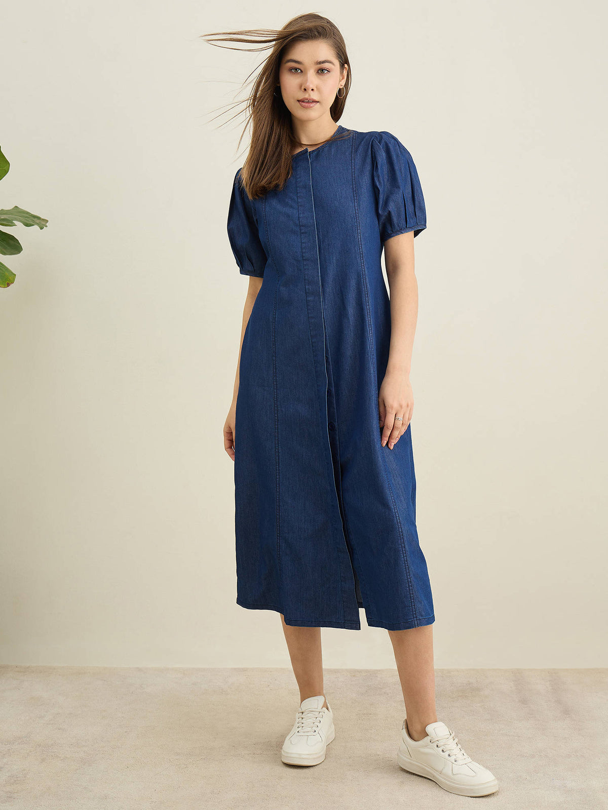 Women Blue Denim Solid A-Line Dress | D56 - view 3