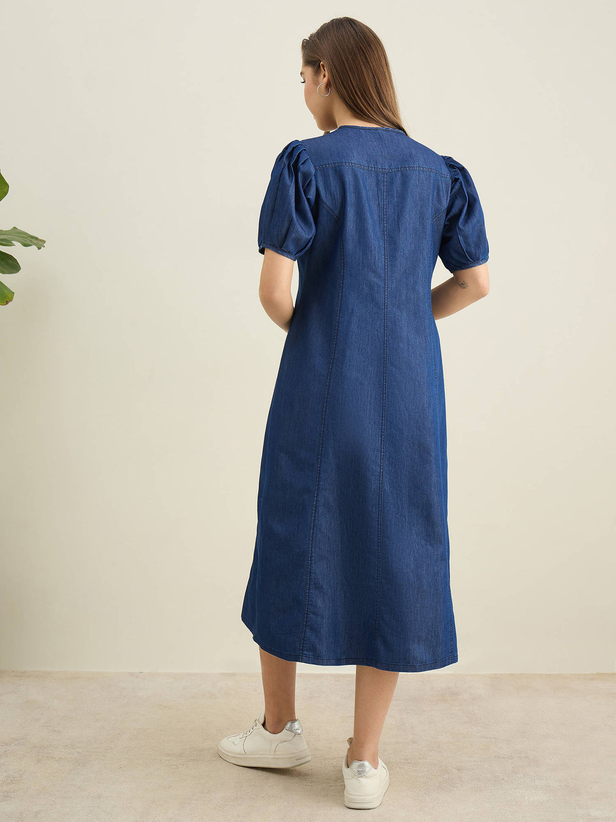 Women Blue Denim Solid A-Line Dress | D56 - view 4