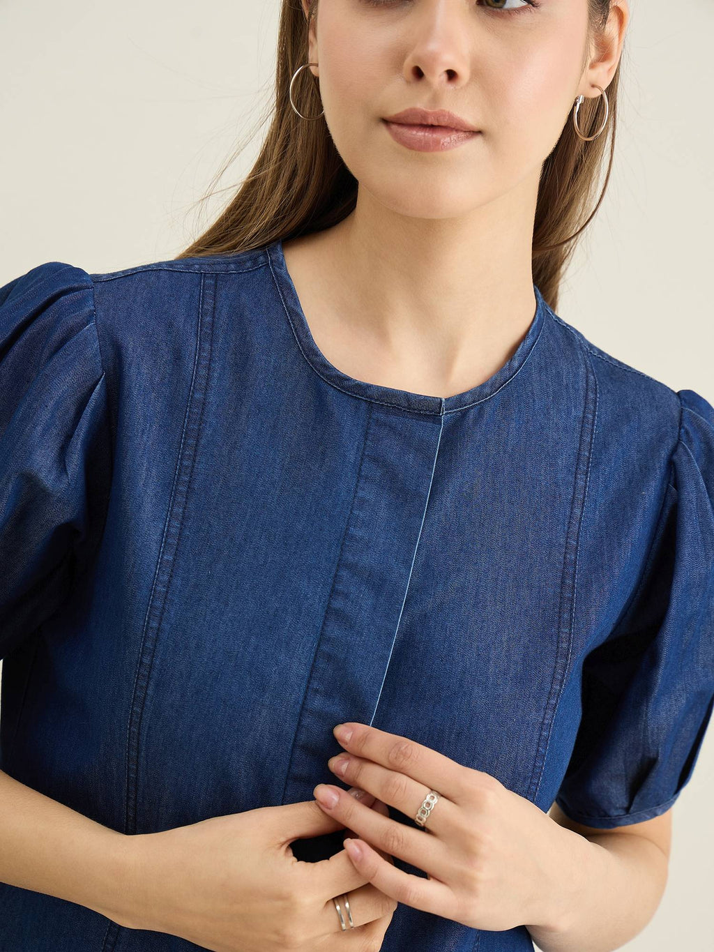 Women Blue Denim Solid A-Line Dress | D56 - view 5