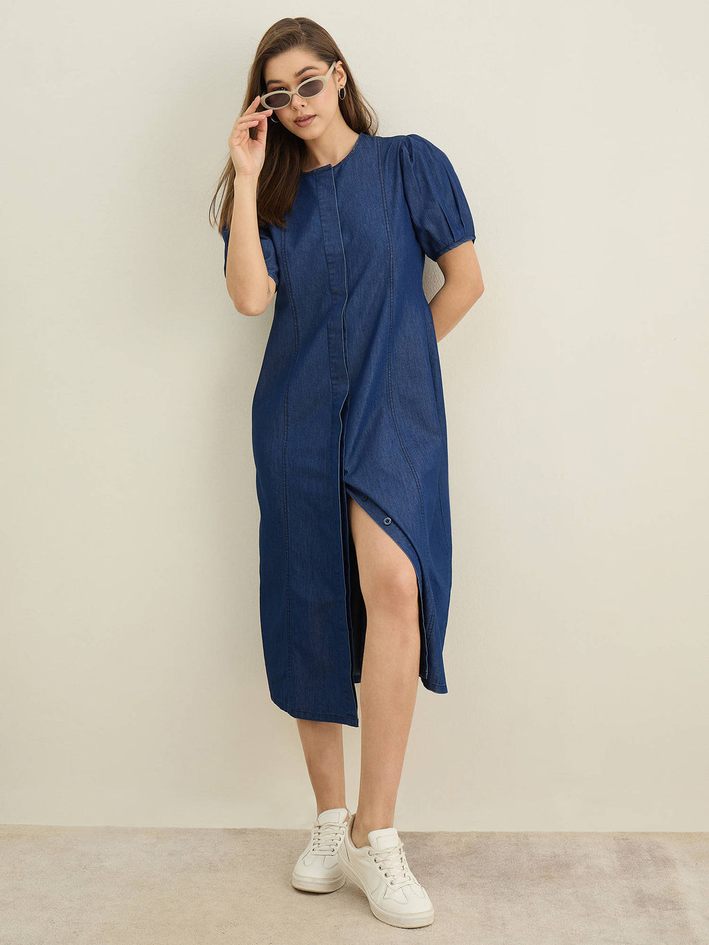 Women Blue Denim Solid A-Line Dress | D56 - view 6