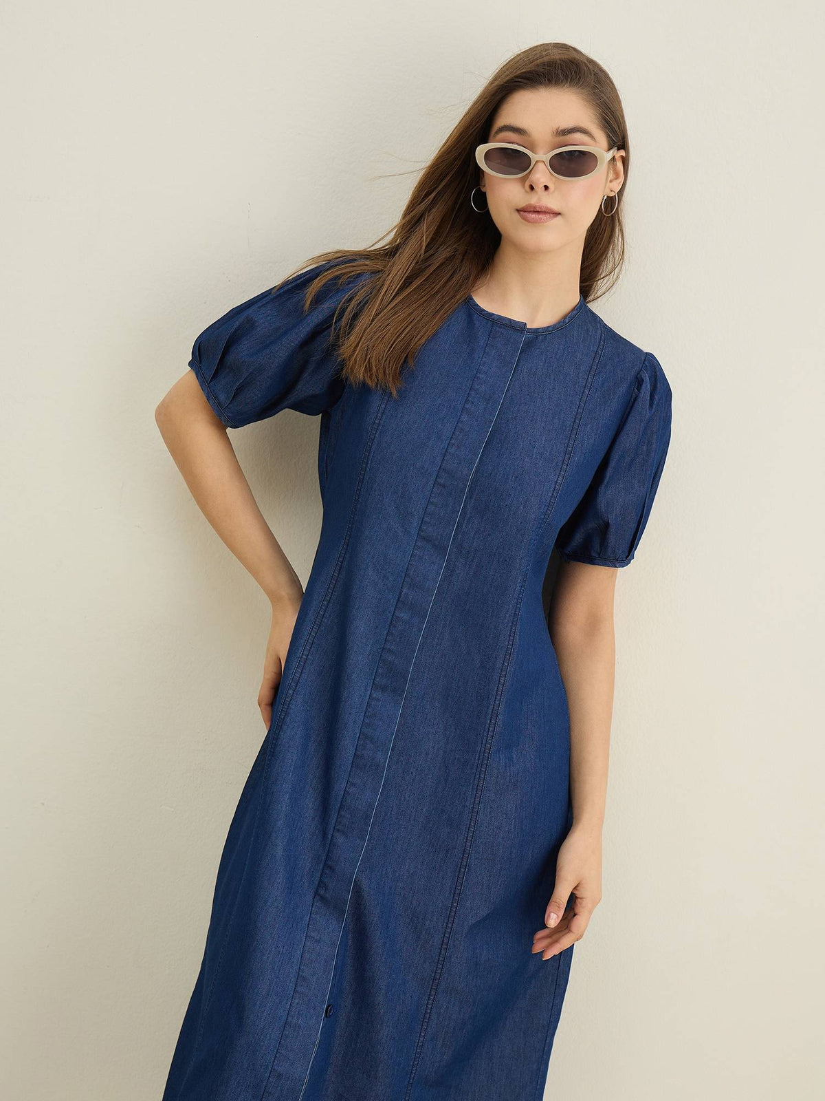 Women Blue Denim Solid A-Line Dress | D56 - view 7