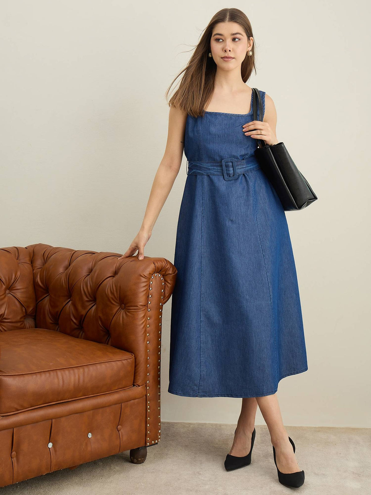 Women Blue Denim Solid Flared Dress with Belt | D56 - view 1