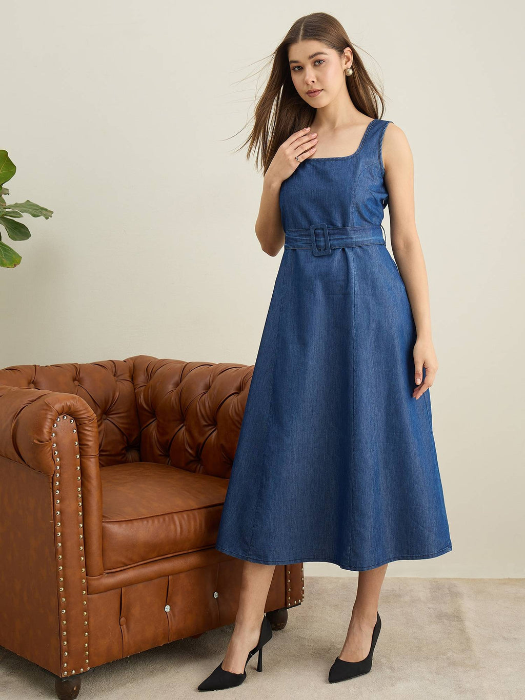 Women Blue Denim Solid Flared Dress with Belt | D56 - view 2