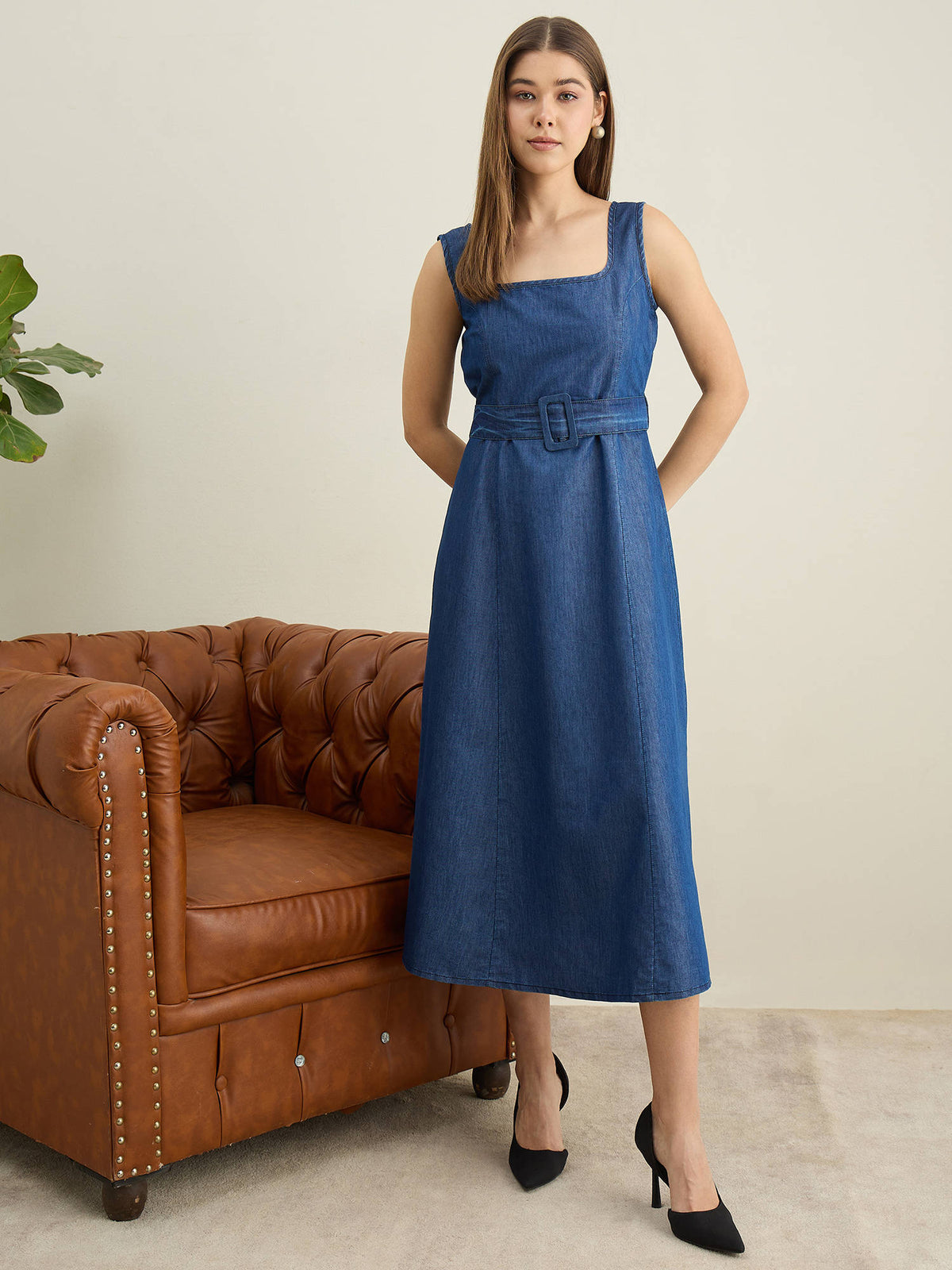 Women Blue Denim Solid Flared Dress with Belt | D56 - view 3