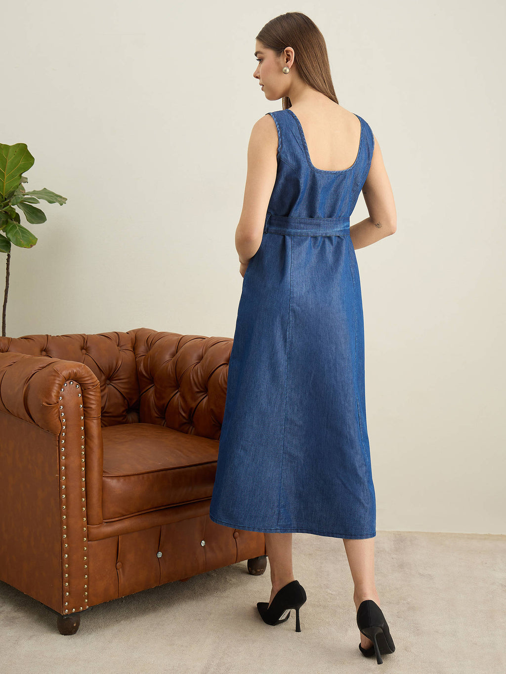 Women Blue Denim Solid Flared Dress with Belt | D56 - view 4