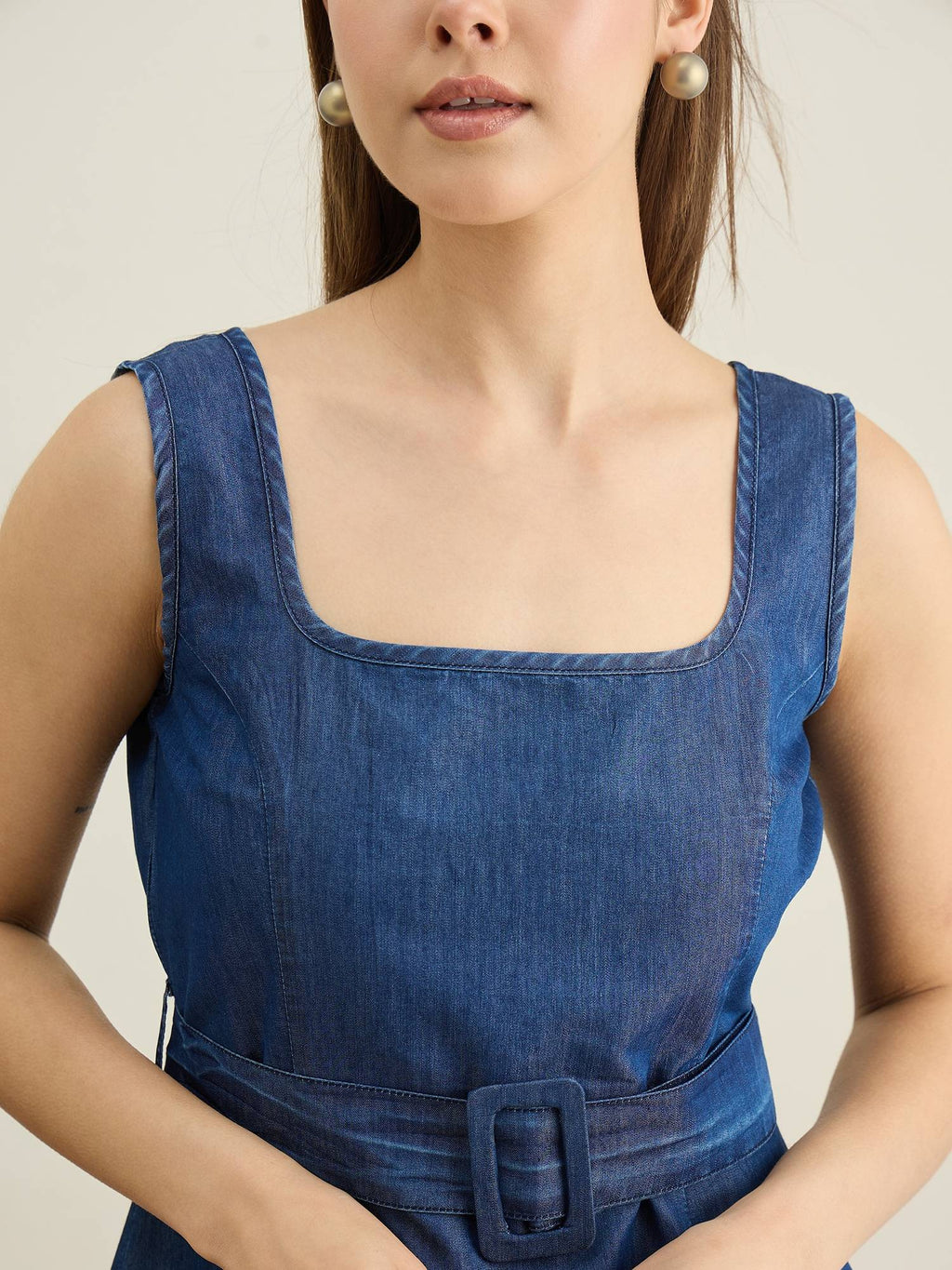 Women Blue Denim Solid Flared Dress with Belt | D56 - view 5
