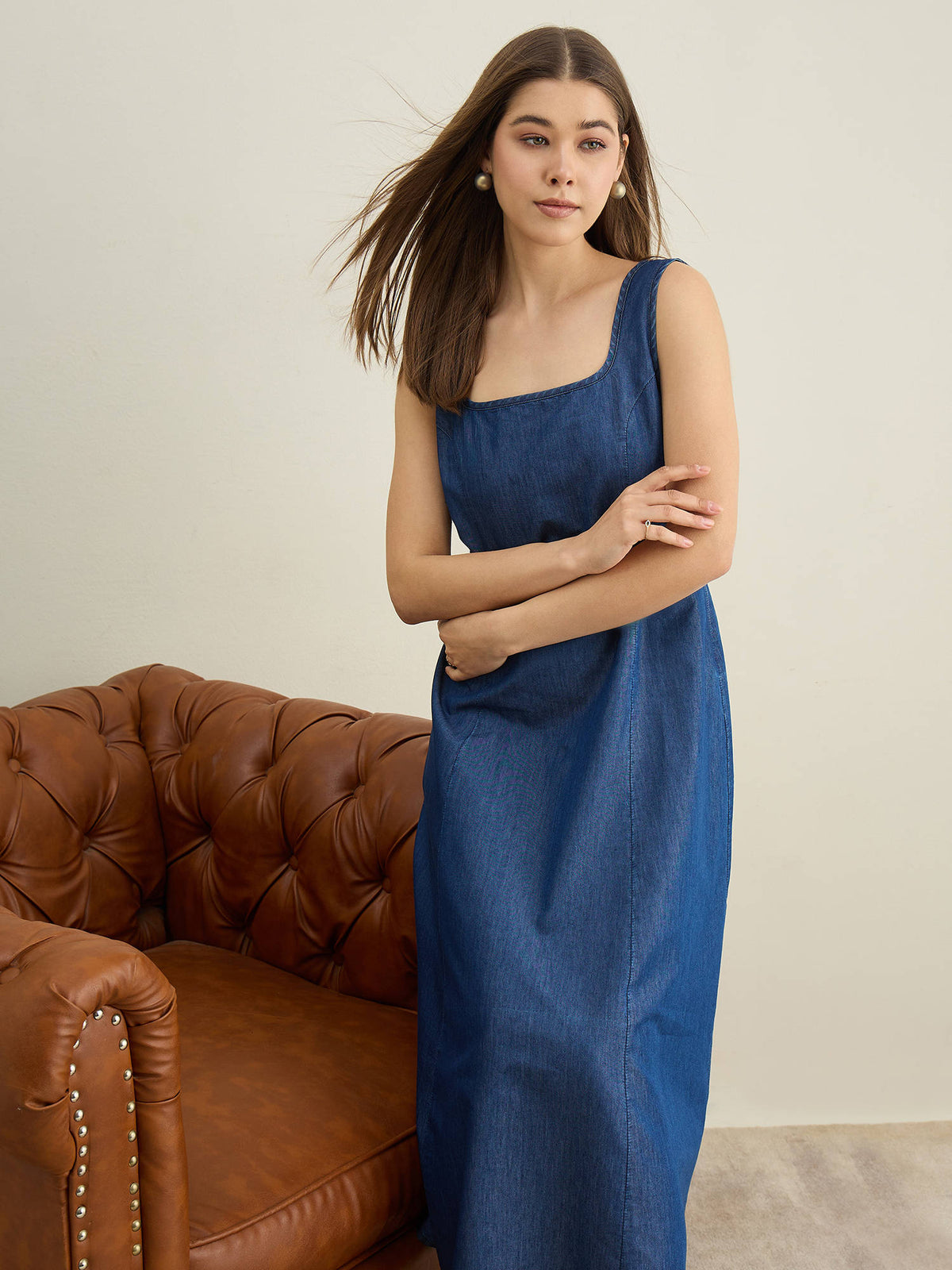 Women Blue Denim Solid Flared Dress with Belt | D56 - view 6