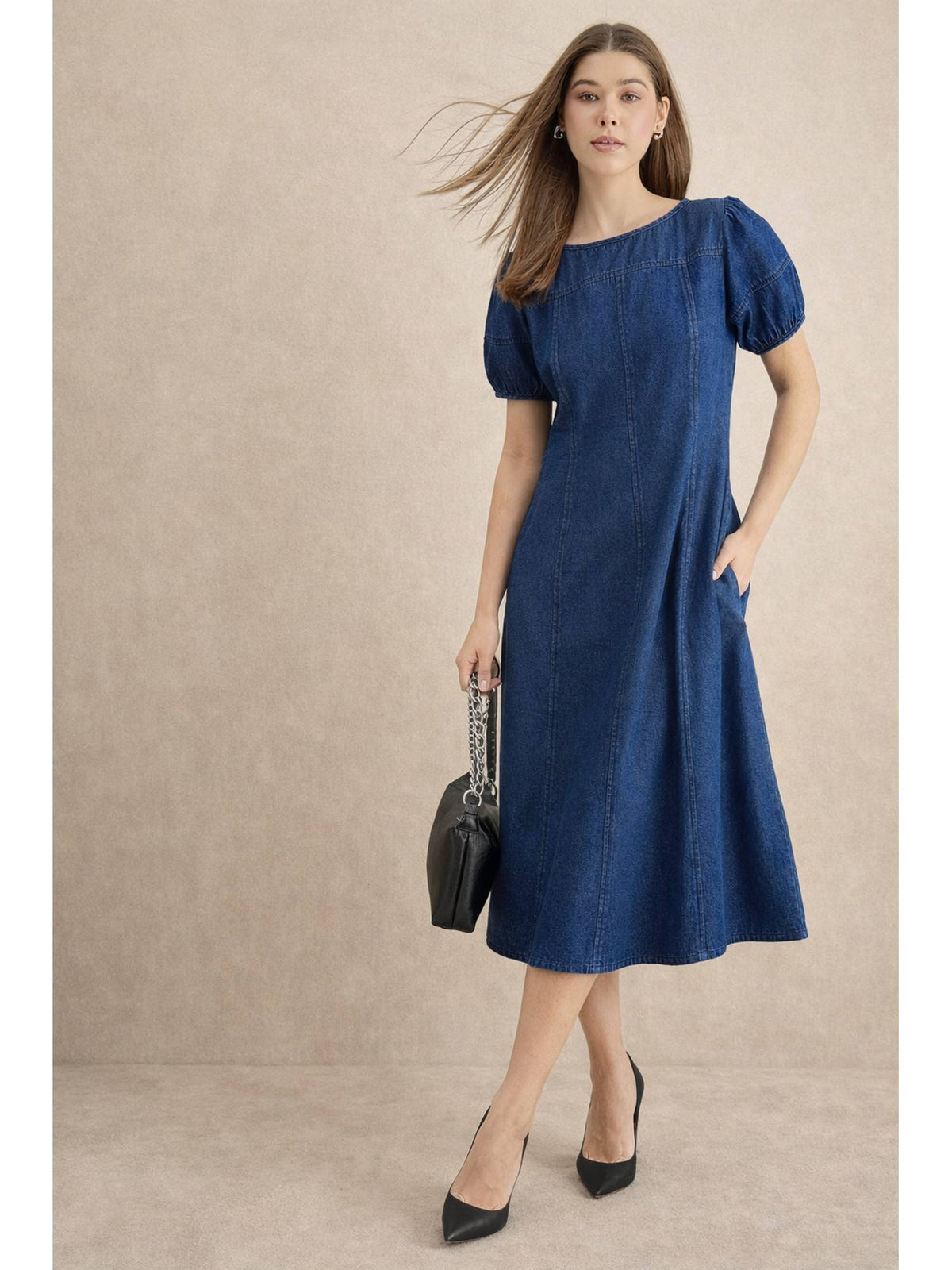 Women Blue Denim Solid Flared Dress | D56 - view 1