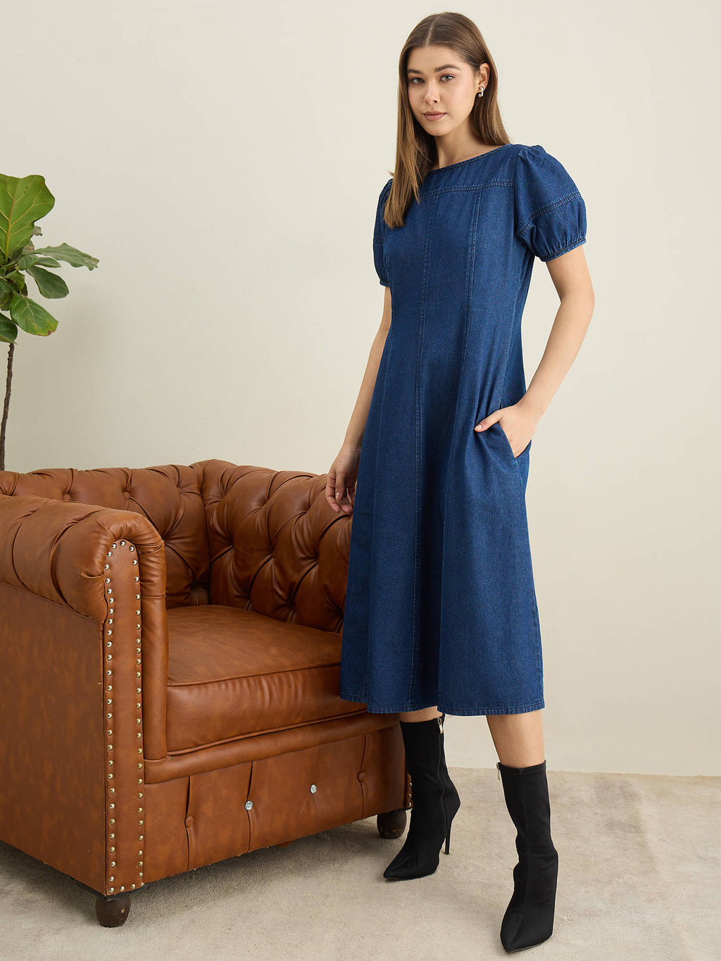 Women Blue Denim Solid Flared Dress | D56 - view 2