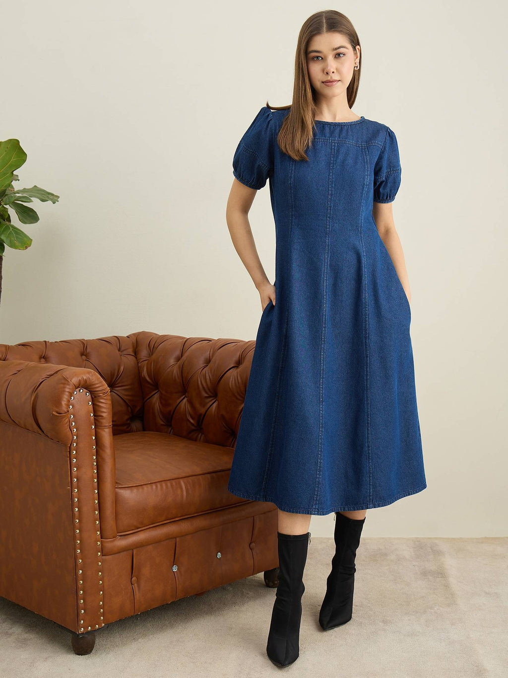 Women Blue Denim Solid Flared Dress | D56 - view 3