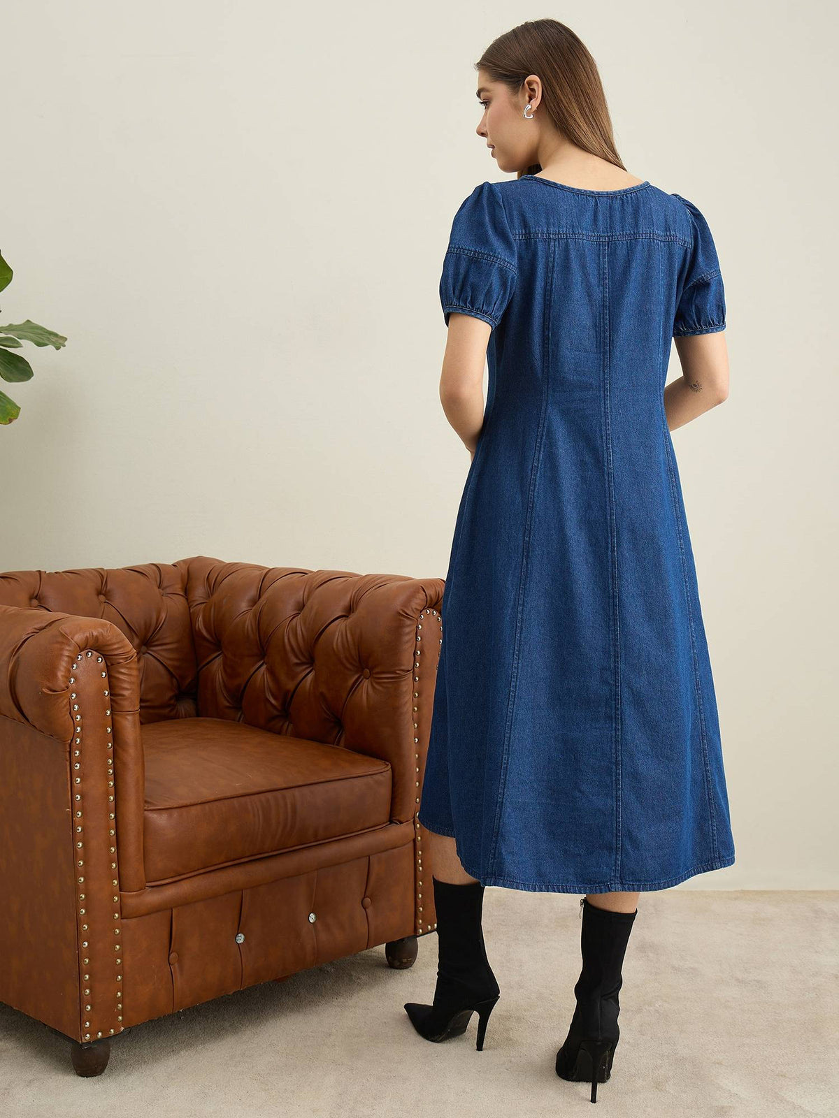 Women Blue Denim Solid Flared Dress | D56 - view 4