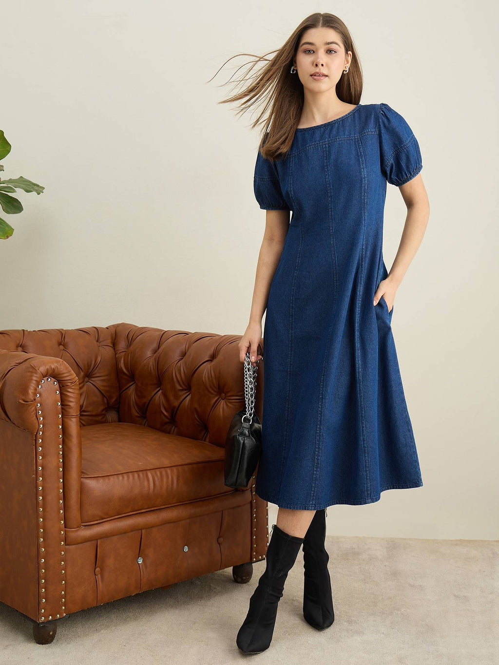 Women Blue Denim Solid Flared Dress | D56 - view 5