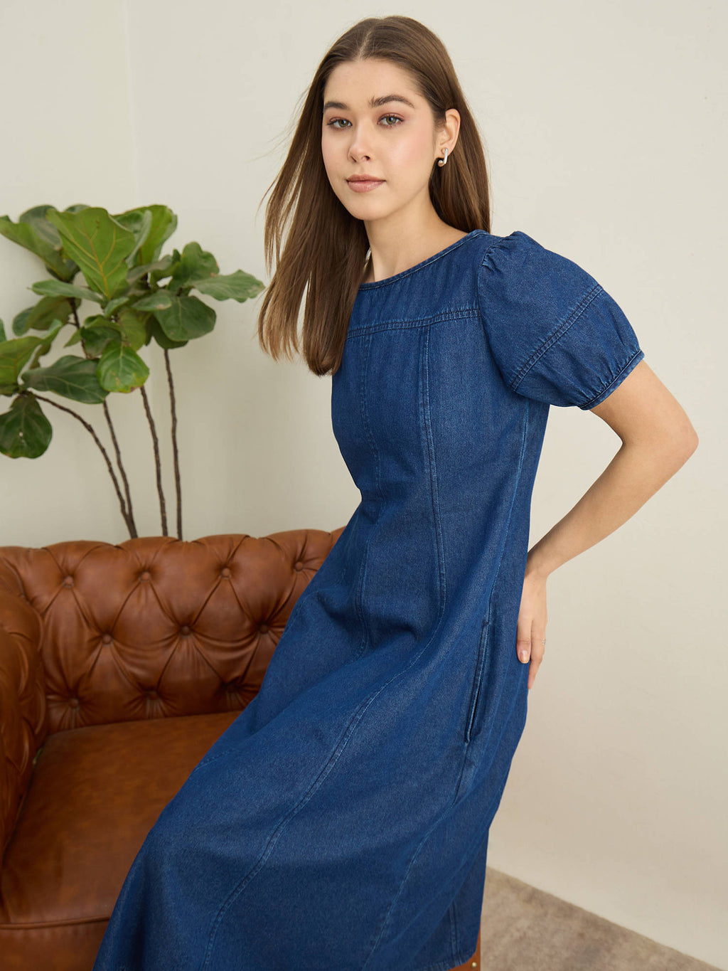 Women Blue Denim Solid Flared Dress | D56 - view 6