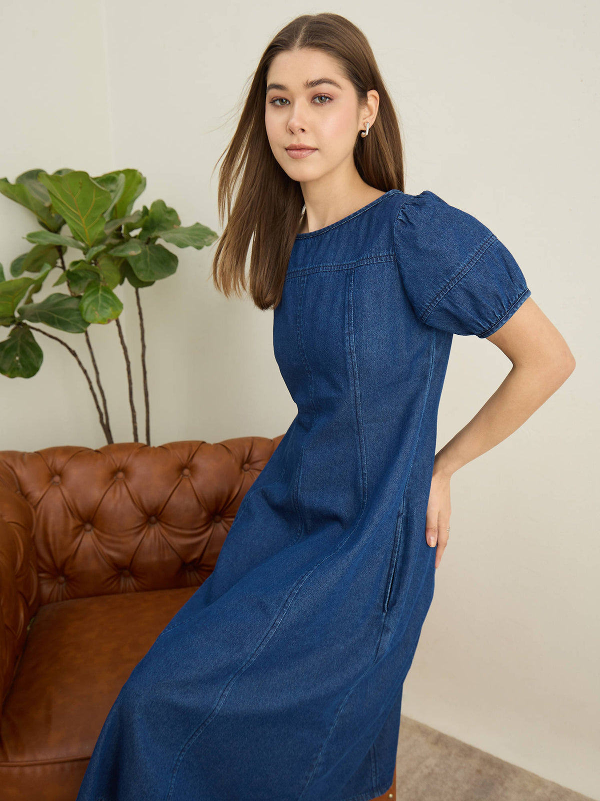 Women Blue Denim Solid Flared Dress | D56 - view 6
