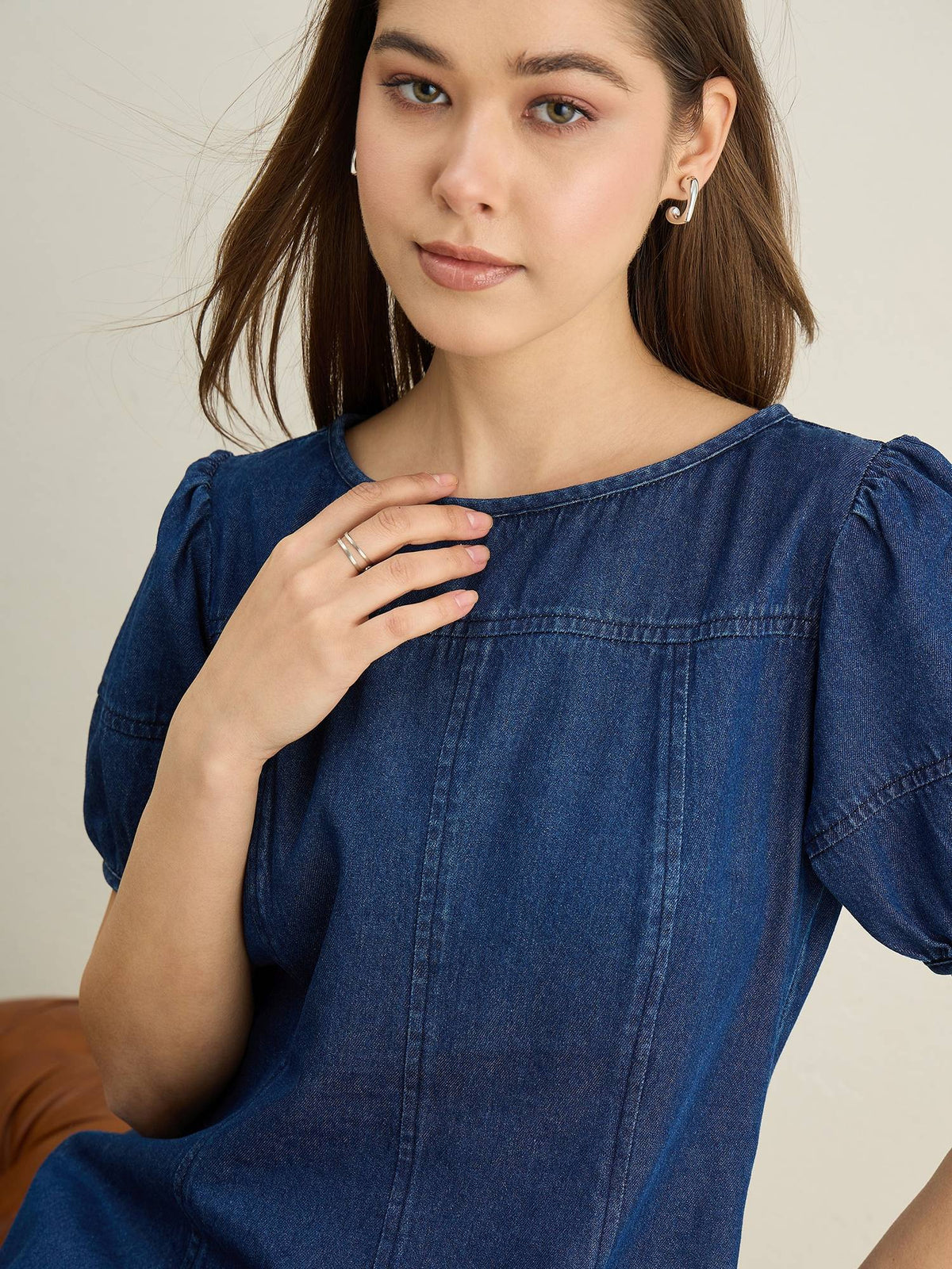 Women Blue Denim Solid Flared Dress | D56 - view 7
