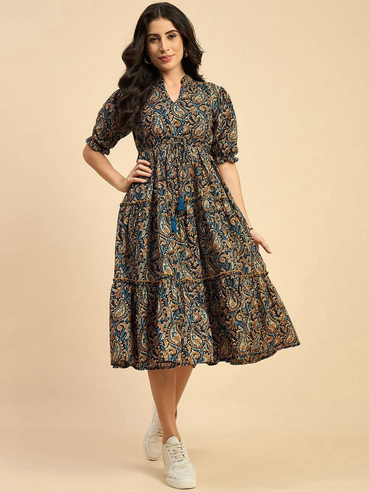 Women Yellow Crepe Paisley Flared Dress | D56 - view 1