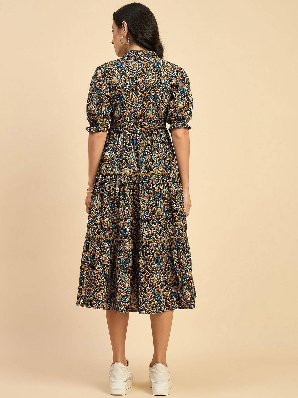 Women Yellow Crepe Paisley Flared Dress | D56 - view 2