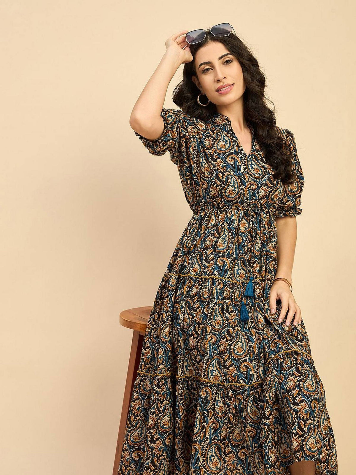 Women Yellow Crepe Paisley Flared Dress | D56 - view 3