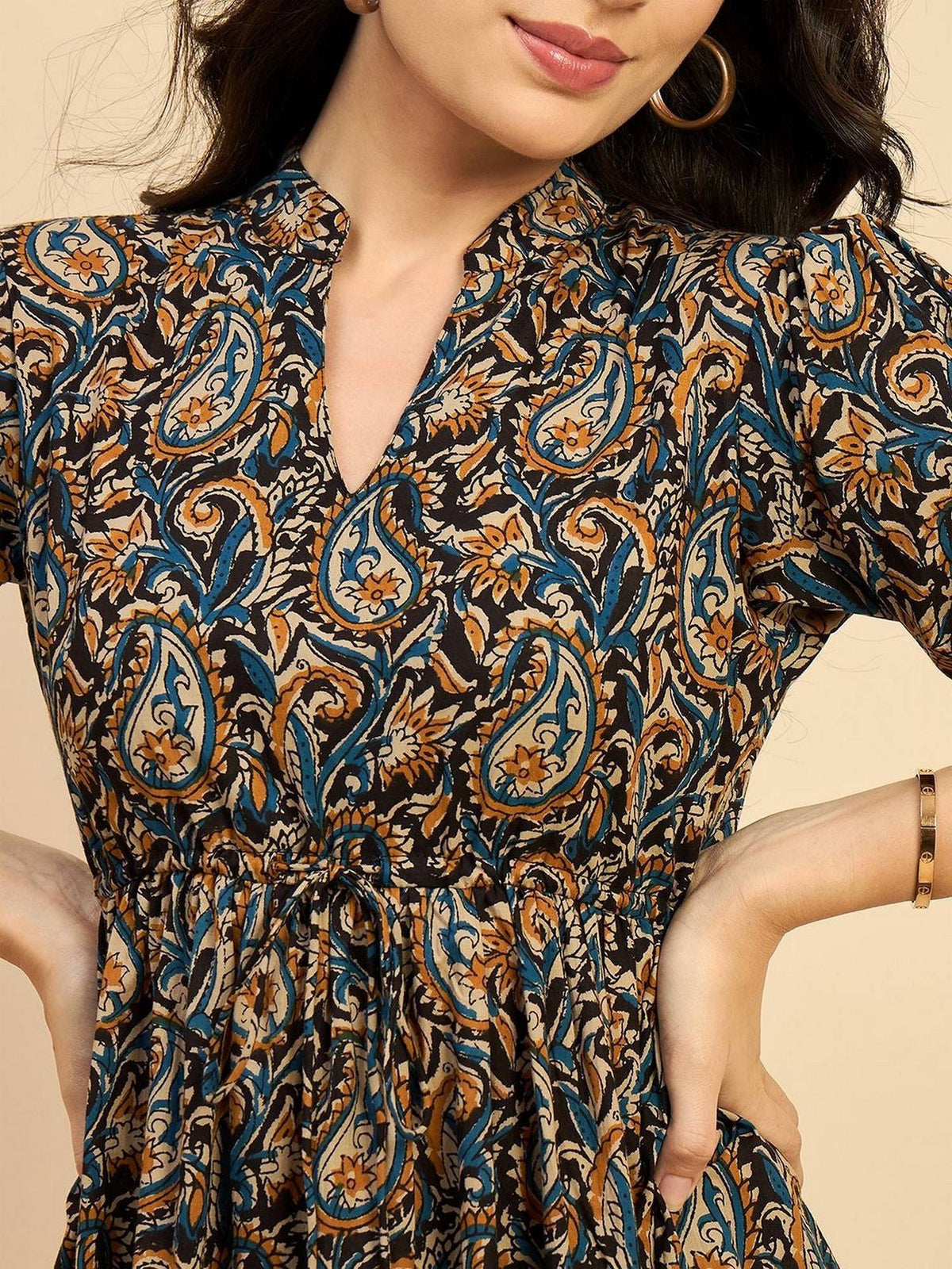 Women Yellow Crepe Paisley Flared Dress | D56 - view 4