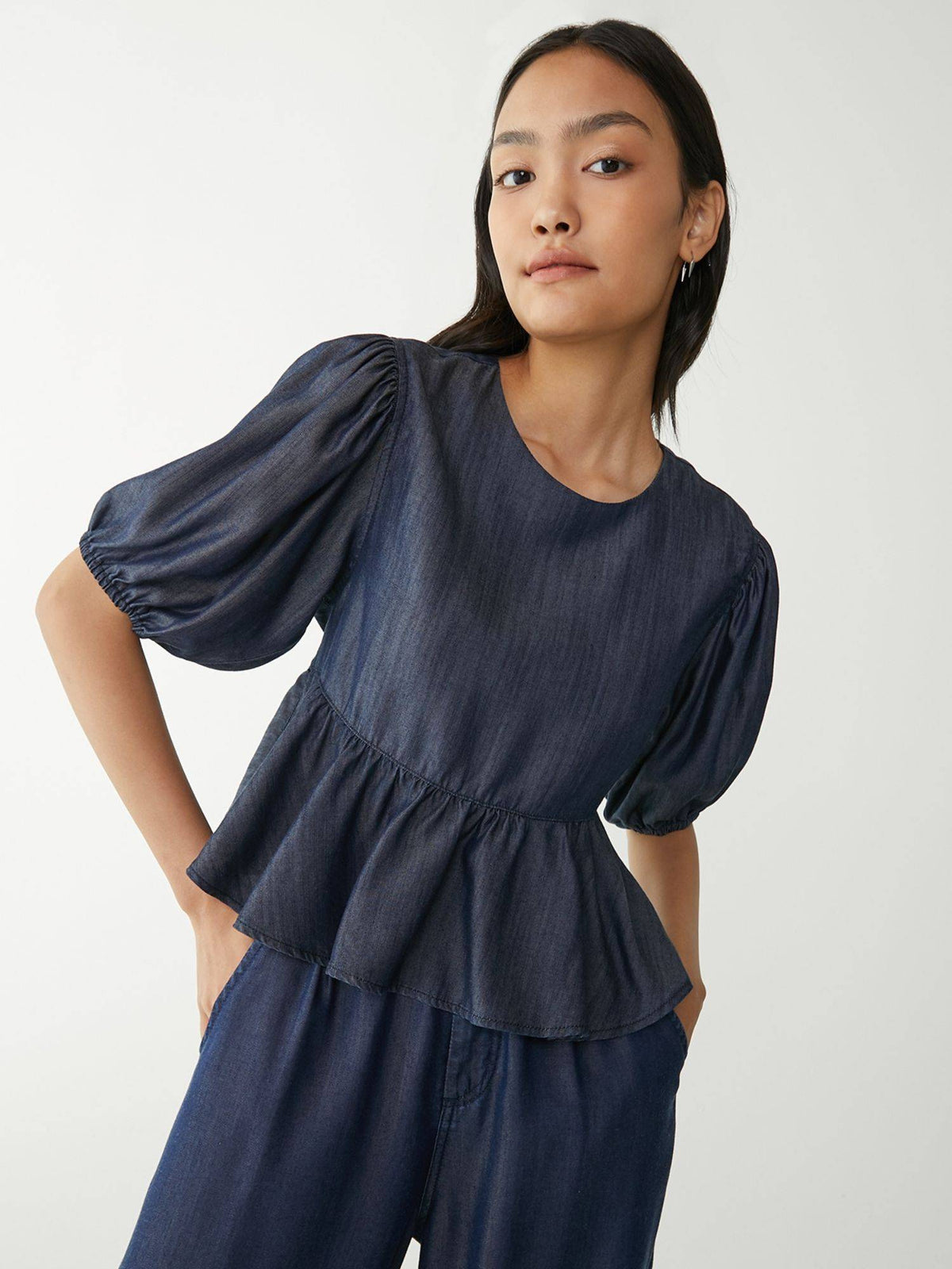 Premium Tencel Puffed Sleeve Peplum Top - Dark Blue | pt51 - view 1