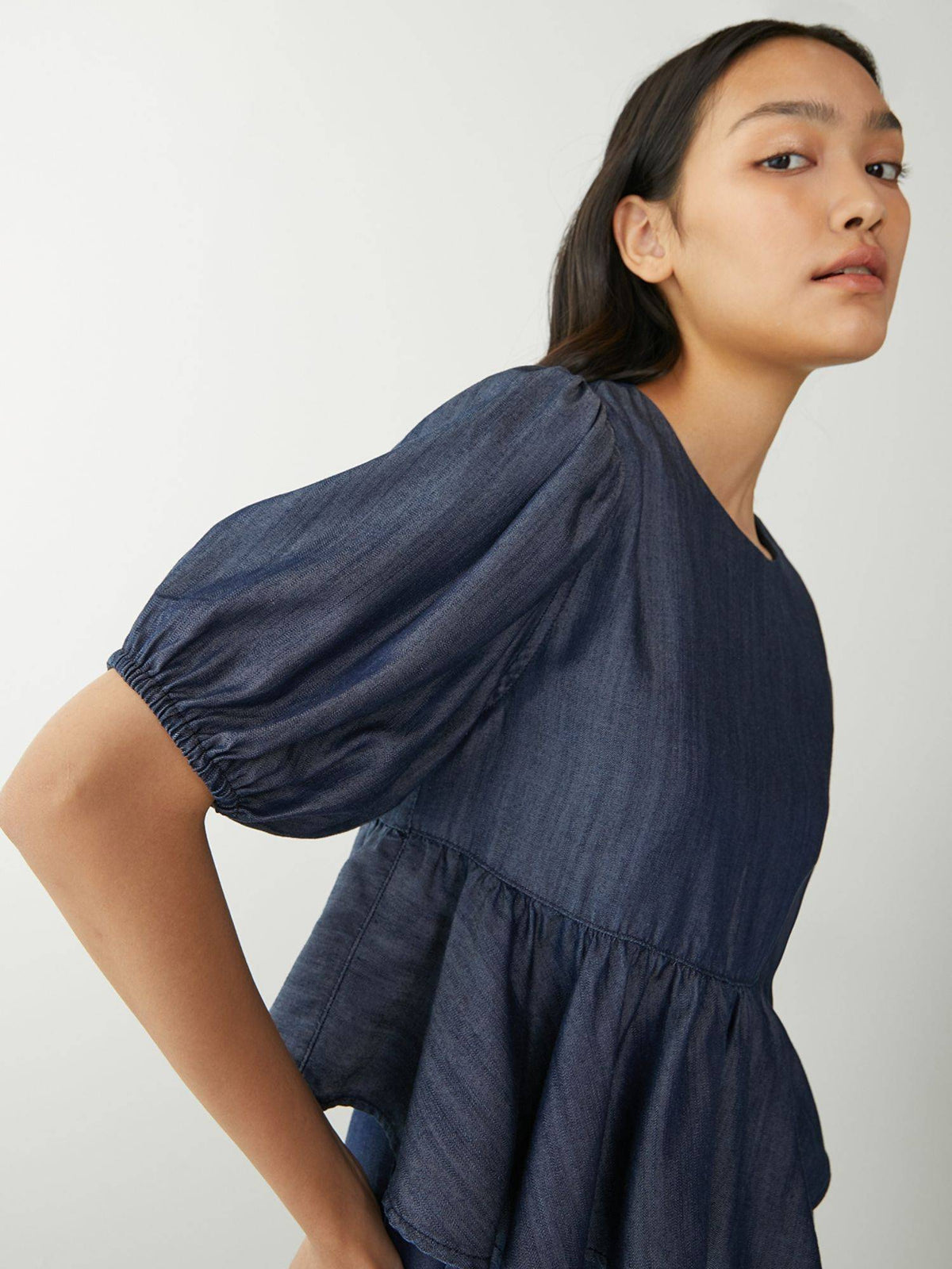 Premium Tencel Puffed Sleeve Peplum Top - Dark Blue | pt51 - view 2