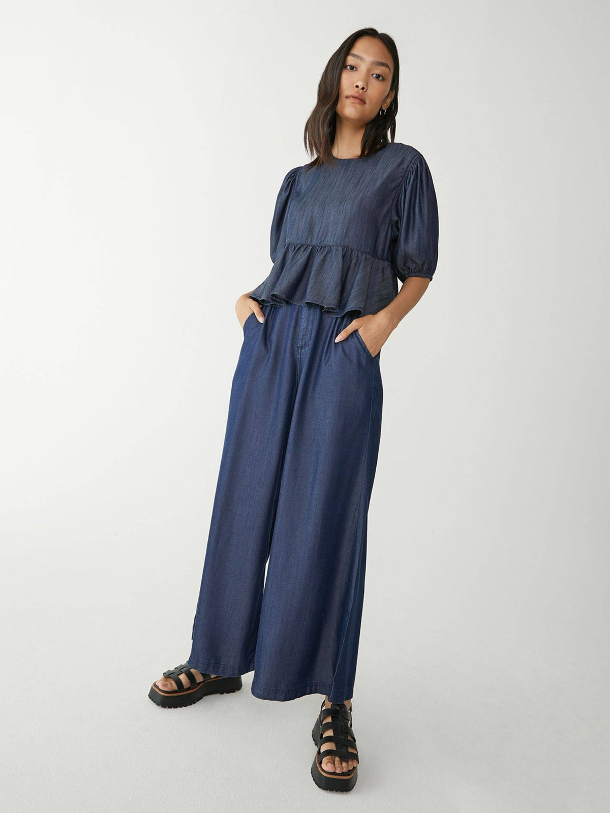 Premium Tencel Puffed Sleeve Peplum Top - Dark Blue | pt51 - view 4