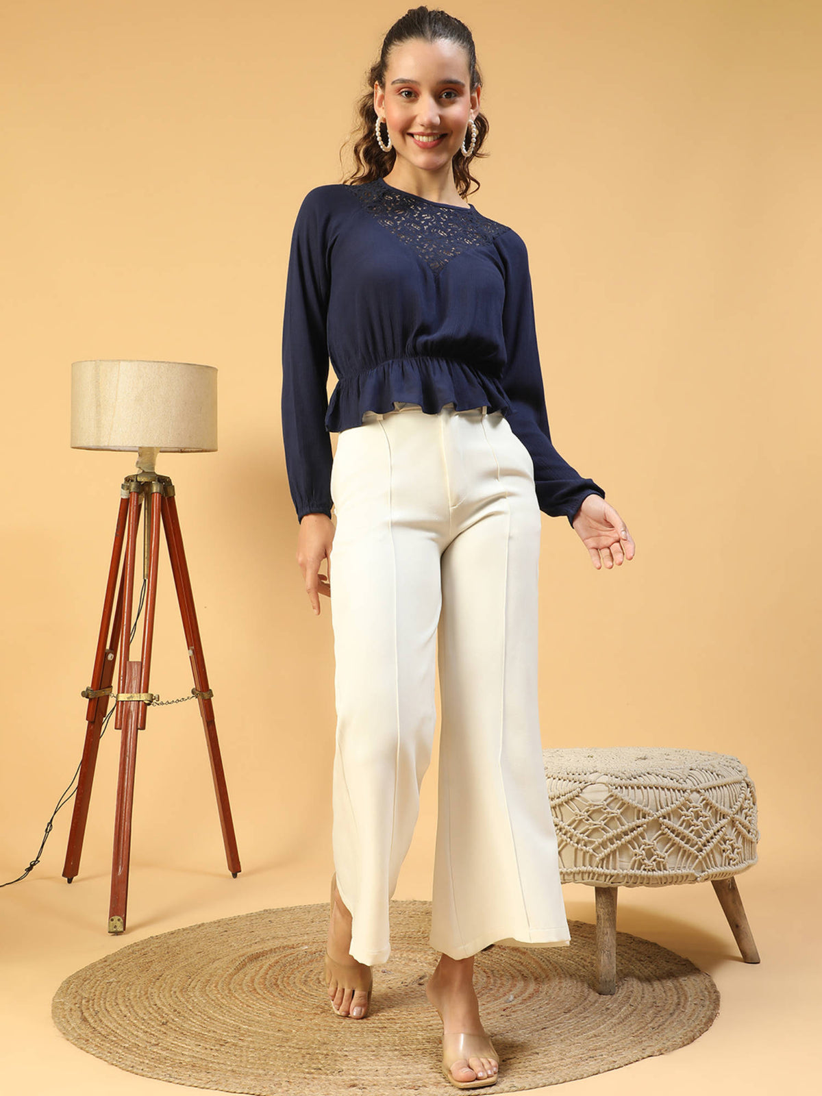 Women Blue Round Neck Lace Detailed Long Sleeve Elasticated Peplum Cotton Top | pt51 - view 2