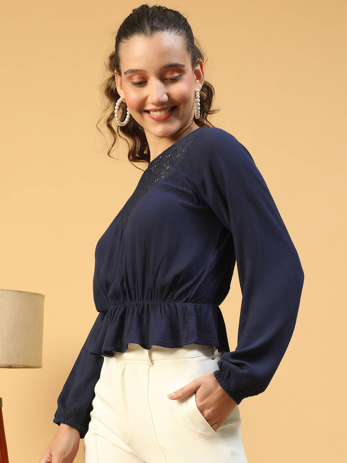 Women Blue Round Neck Lace Detailed Long Sleeve Elasticated Peplum Cotton Top | pt51 - view 3