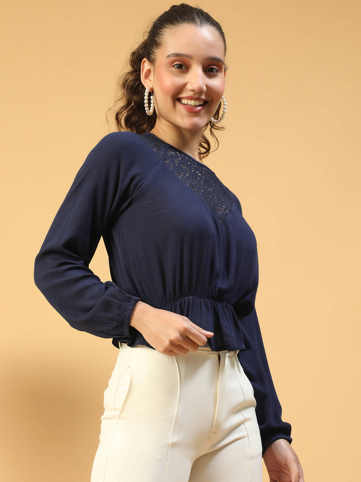 Women Blue Round Neck Lace Detailed Long Sleeve Elasticated Peplum Cotton Top | pt51 - view 4