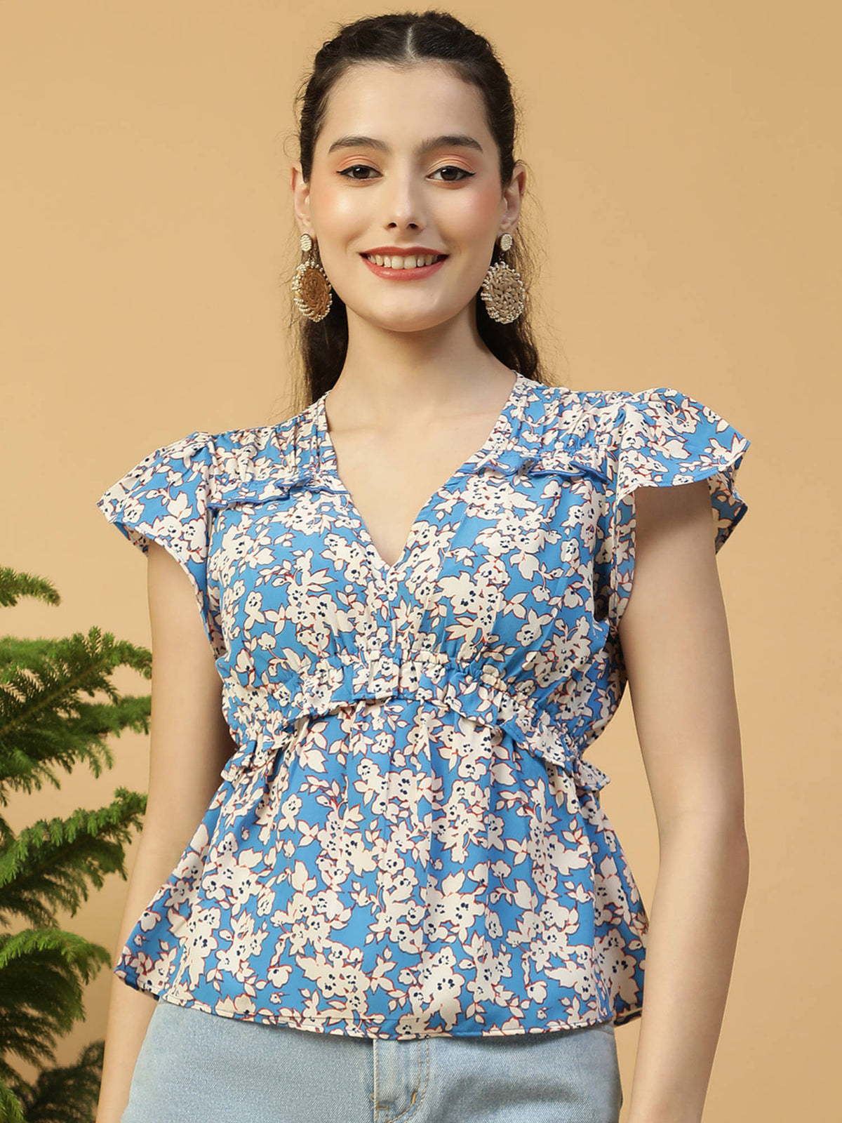 Women Multicolour Floral Print V-Neck Short Sleeve Frill Detail Peplum Top | pt51 - view 15