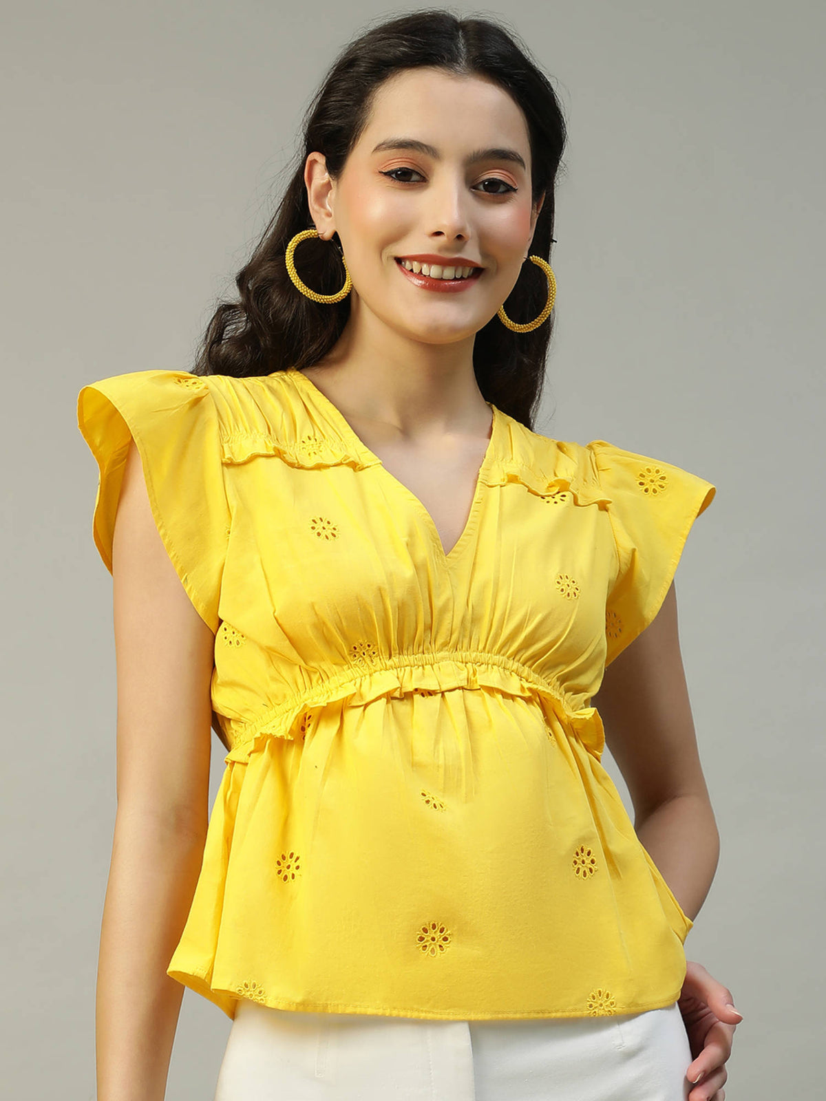 Women Multicolour Floral Print V-Neck Short Sleeve Frill Detail Peplum Top | pt51 - view 8