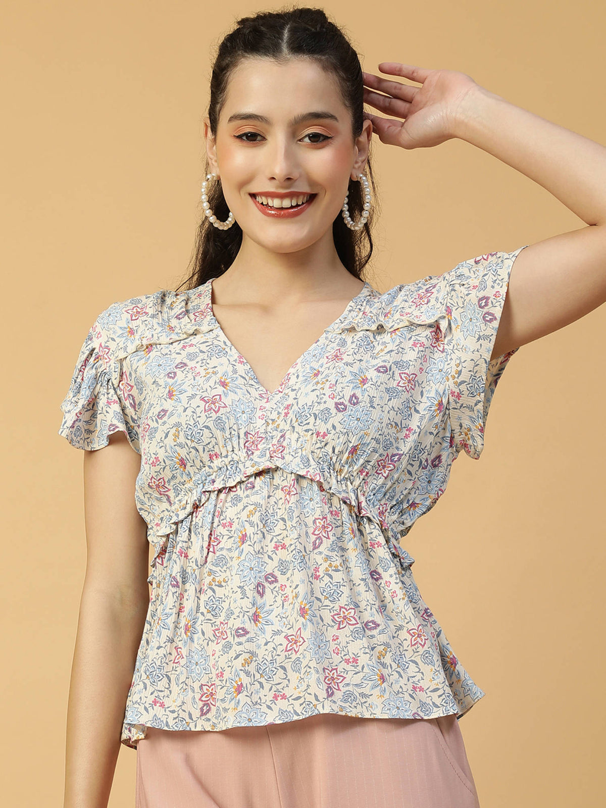 Women Multicolour Floral Print V-Neck Short Sleeve Frill Detail Peplum Top | pt51 - view 1
