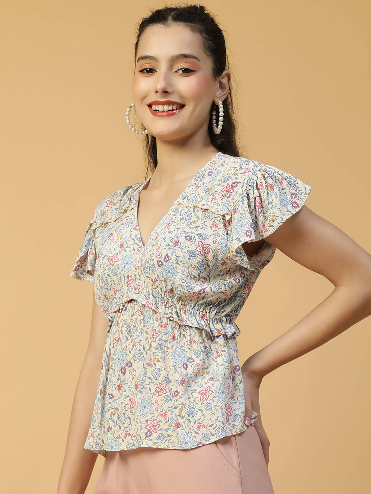 Women Multicolour Floral Print V-Neck Short Sleeve Frill Detail Peplum Top | pt51 - view 2